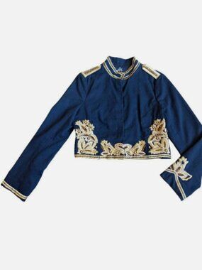 Authentic Icon Navy Gold Floral Embroidered Cropped Jacket Collar Medium Women's